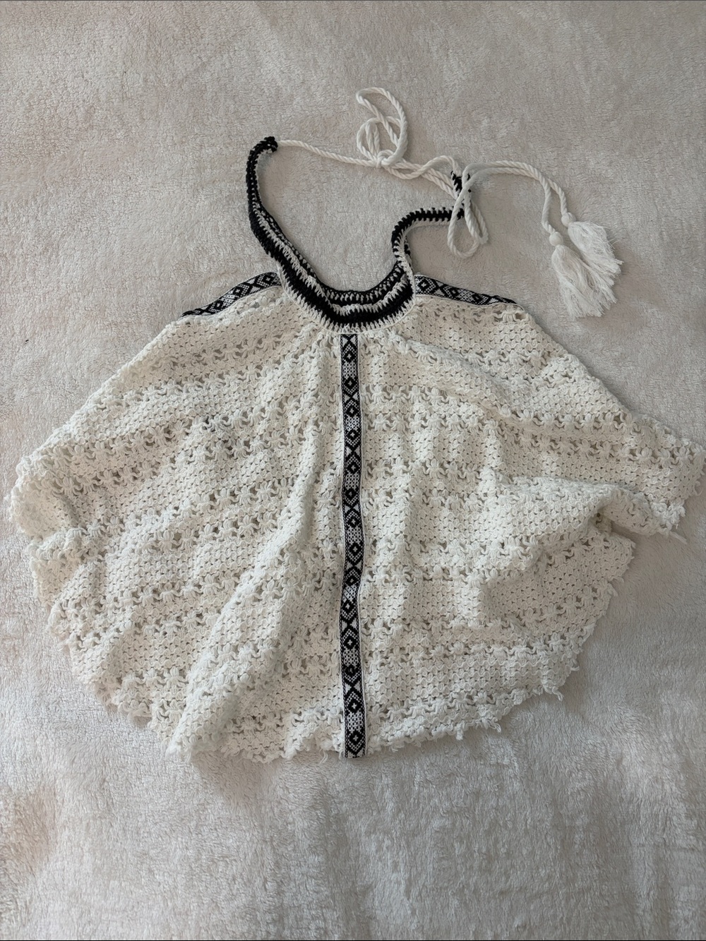 Vintage Havana Cream Crocheted Halter Top with Black Trim